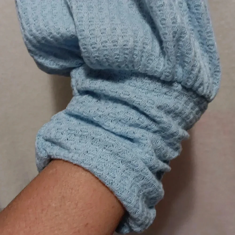 Womens XL Love Fire Baby Blue Babydoll Cropped Waffle Knit Crochet V Neck Top - Picture 6 of 8